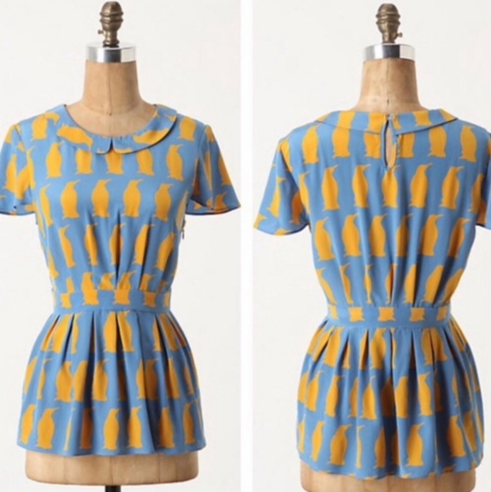 Anthropologie Charlotte Taylor Penguin Peplum Silk Top Shirt 2